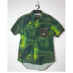 Born Fly Shirt Men's Large Palm Leaf Print Short Sleeve Button Down Green